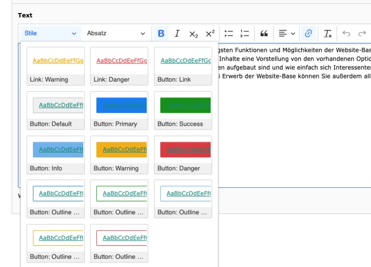 TYPO3 CKEditor Rich Text Editor Link-Stile im Backend