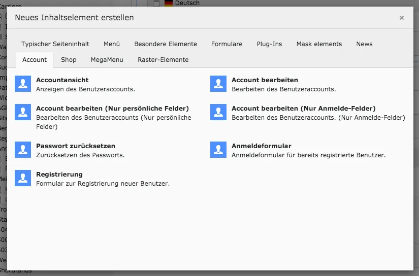 TYPO3 Account Inhaltselemente