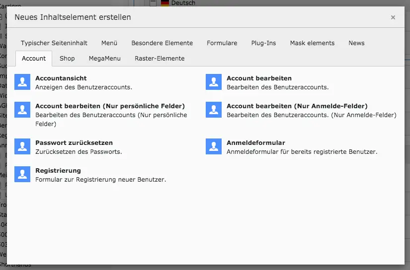 TYPO3 Account Inhaltselemente