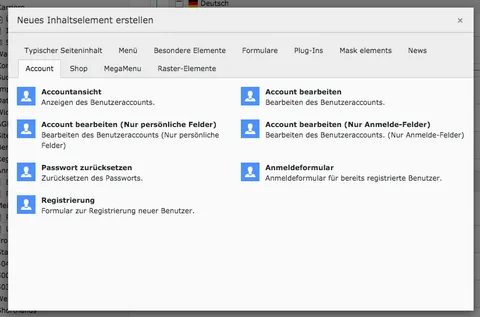 TYPO3 Account Inhaltselemente