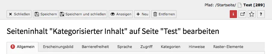 TYPO3 Inhaltselement Kategorisierter Inhalt Reiter Allgemein Hinweis