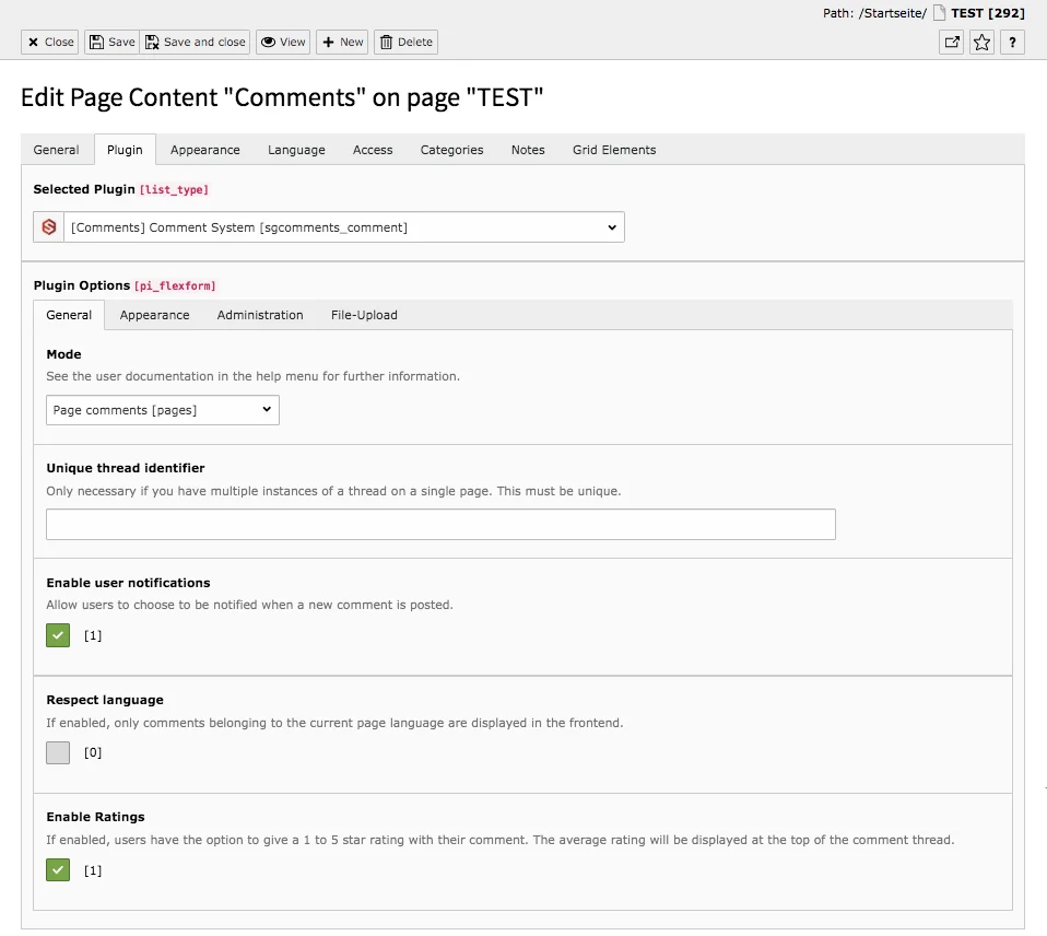 TYPO3 Content Element Plugin Comments Backend Tab Plugin General