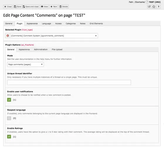 TYPO3 Content Element Plugin Comments Backend Tab Plugin General