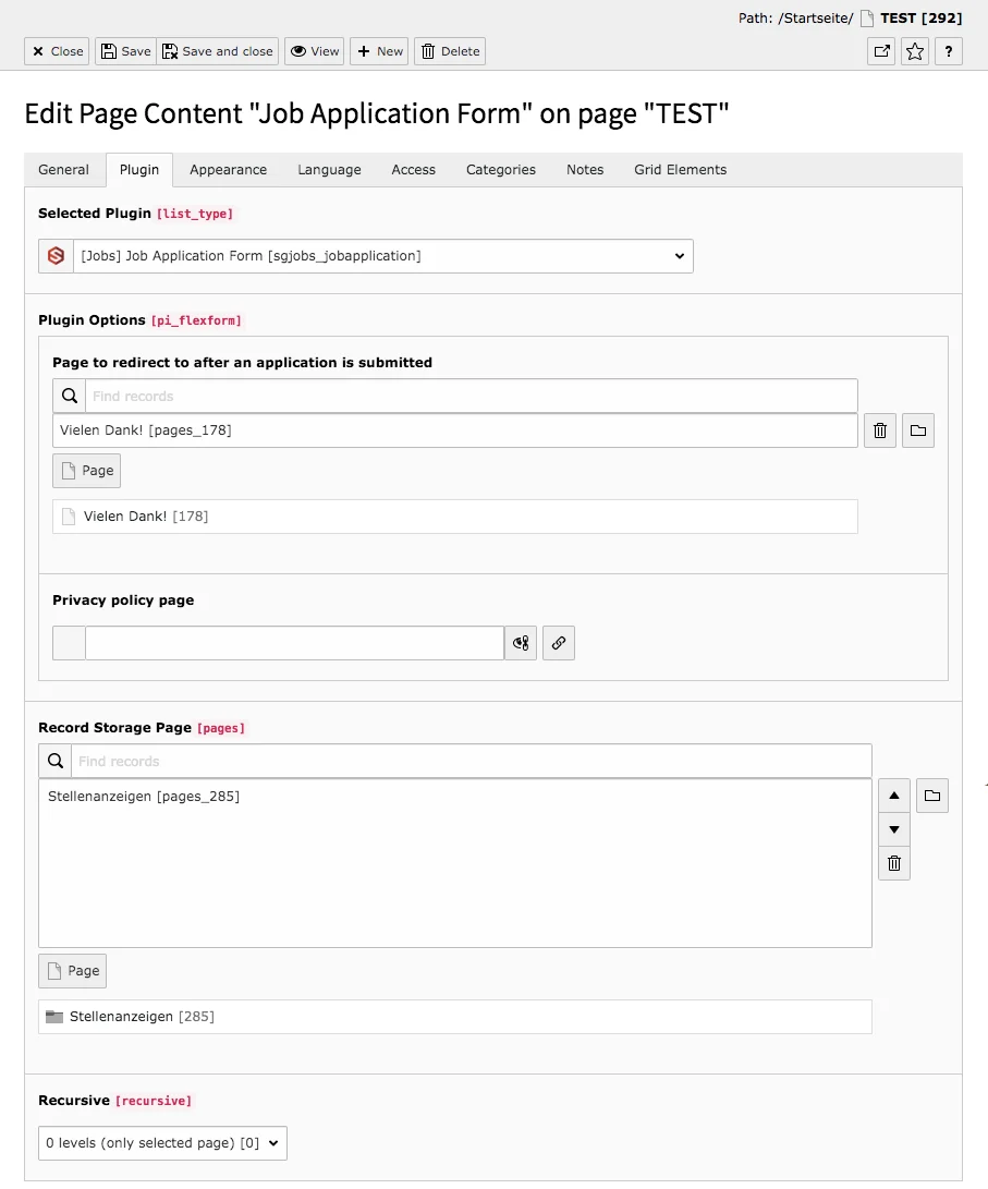 TYPO3 Content Element Plugins Job Application Form Backend Tab Plugin