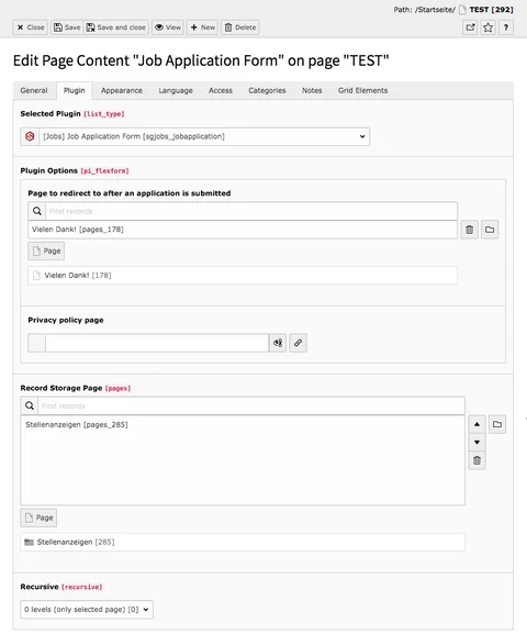 TYPO3 Content Element Plugins Job Application Form Backend Tab Plugin