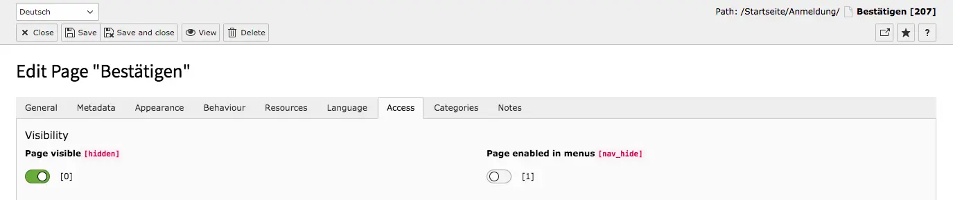 TYPO3 Page Properties Tab Access Page disabled in menus