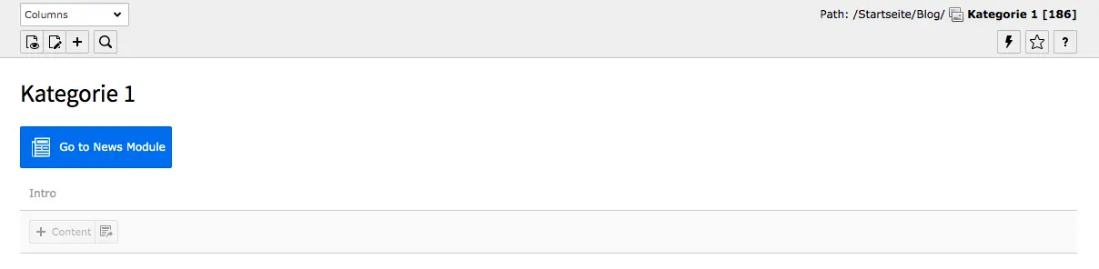 TYPO Kategory Page Content Area Button Go to News Module