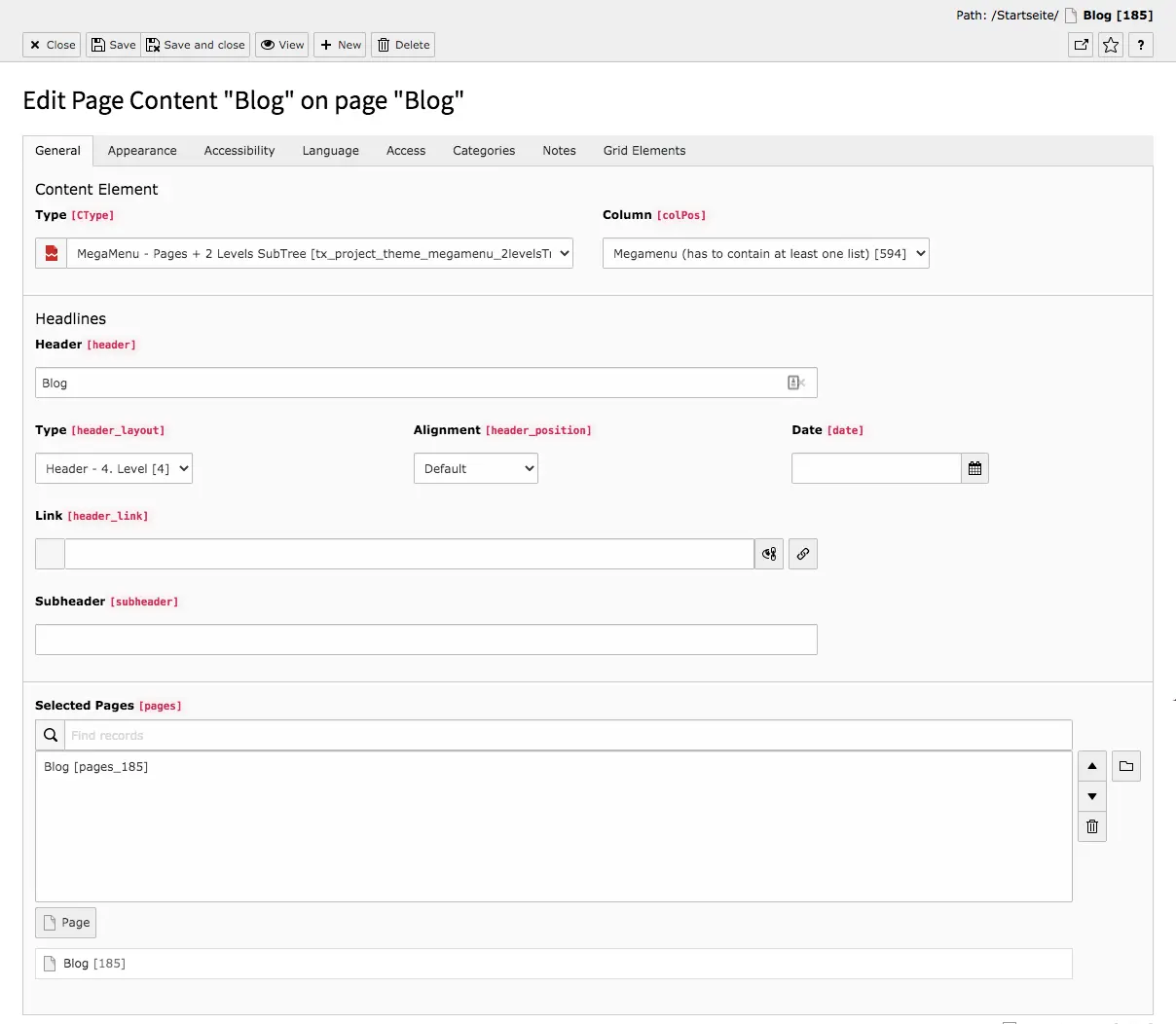 TYPO3 Content Element MegaMenu - Pages + 1, 2 or 3 Levels SubTree Backend Tab General