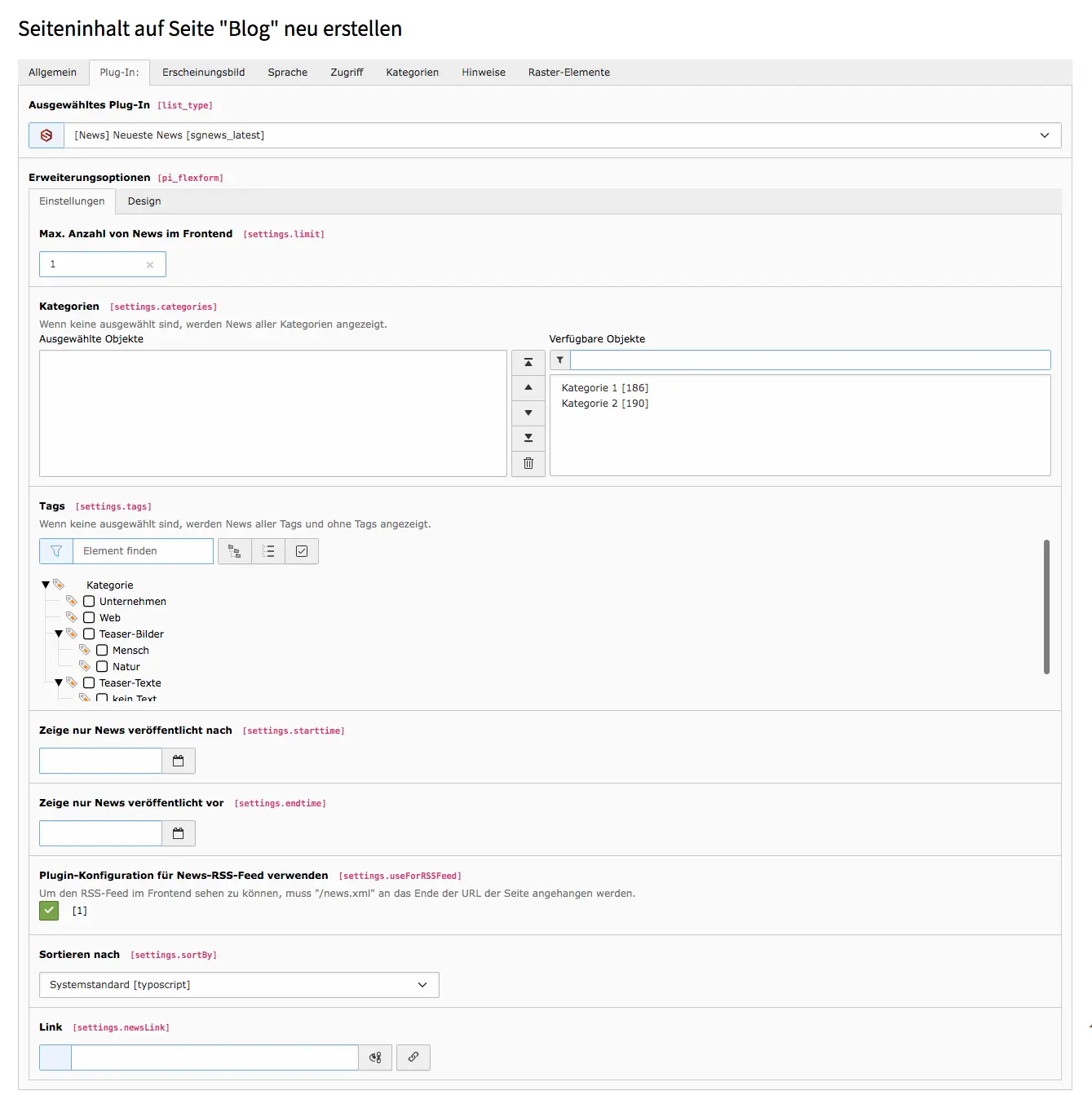 TYPO3 Inhaltselement Neueste News Backend Reiter Plug-In