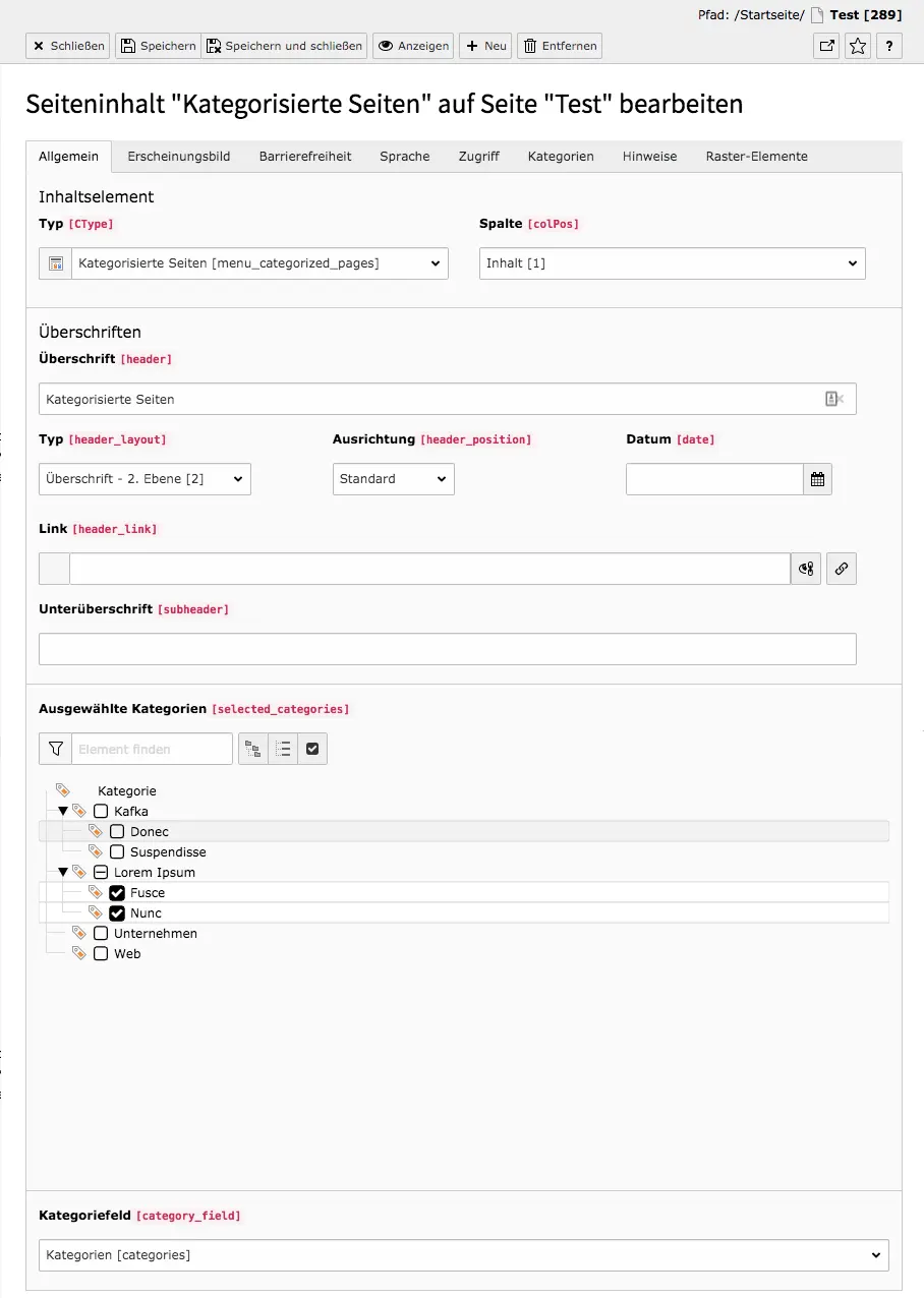 TYPO3 Inhaltselement Menü Kategorisierte Seiten Reiter Allgemein