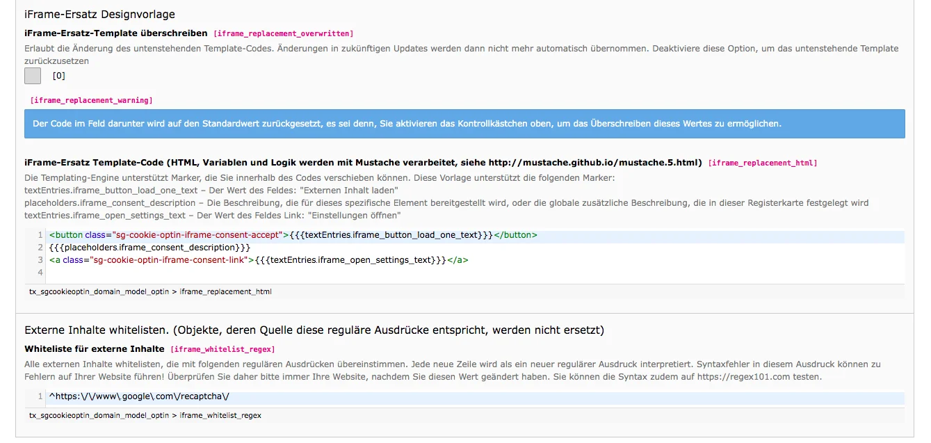 Cookie Consent TYPO3 Backend Reiter Externe Inhalte Whitelist