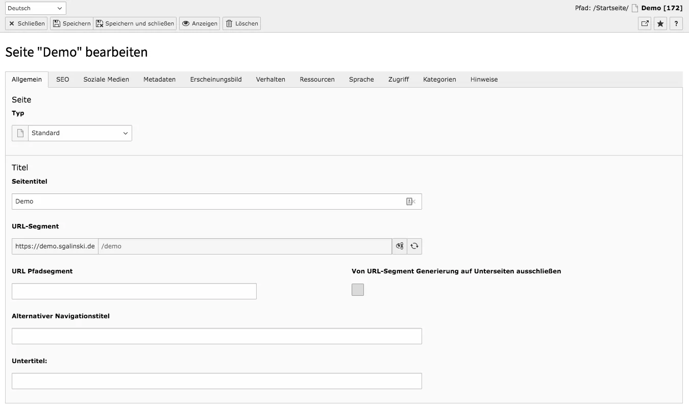 TYPO3 Seiteneigenschaften Standard Seite Reiter Allgemein