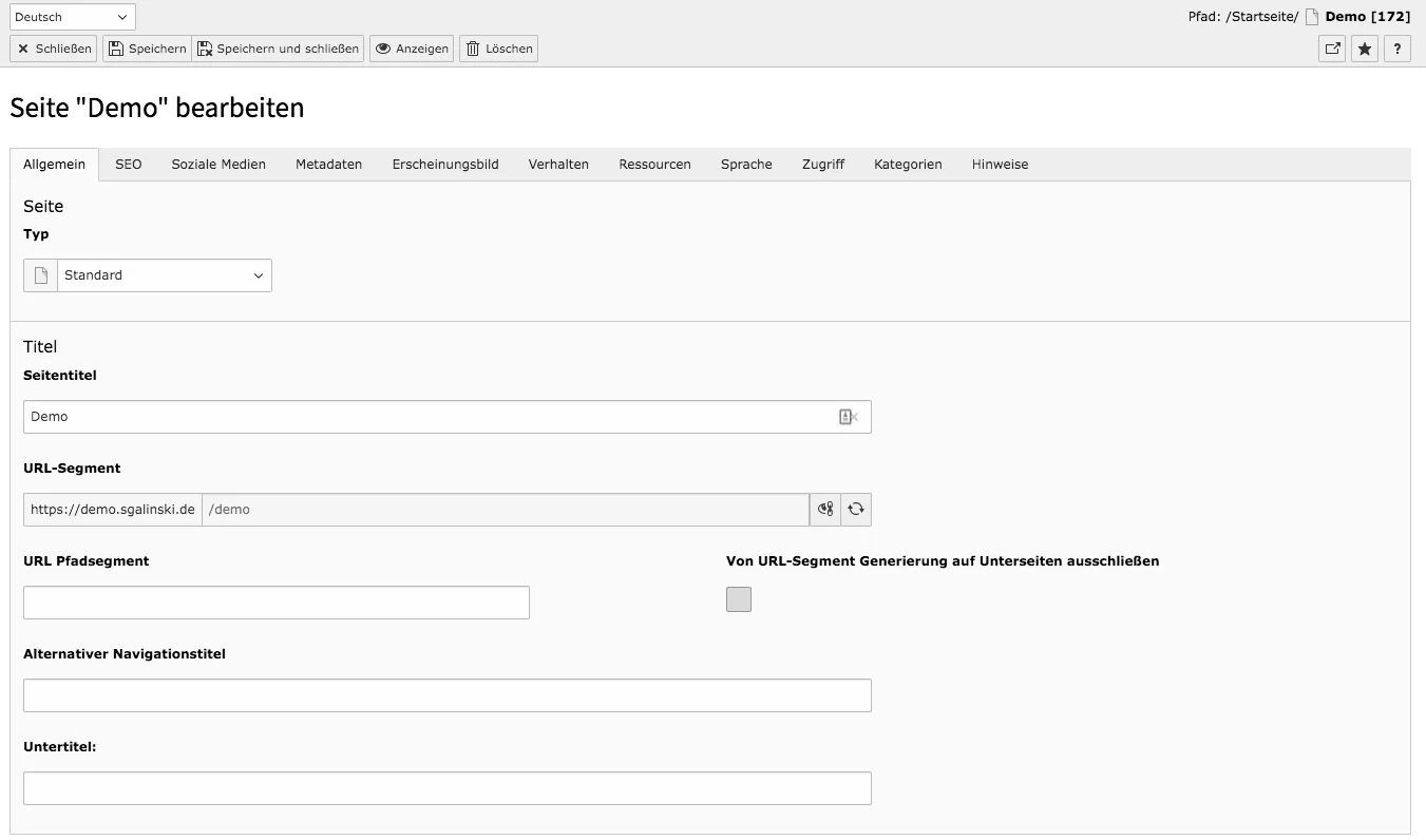 TYPO3 Seiteneigenschaften Standard Seite Reiter Allgemein