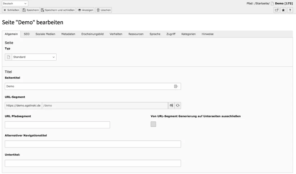 TYPO3 Seiteneigenschaften Standard Seite Reiter Allgemein