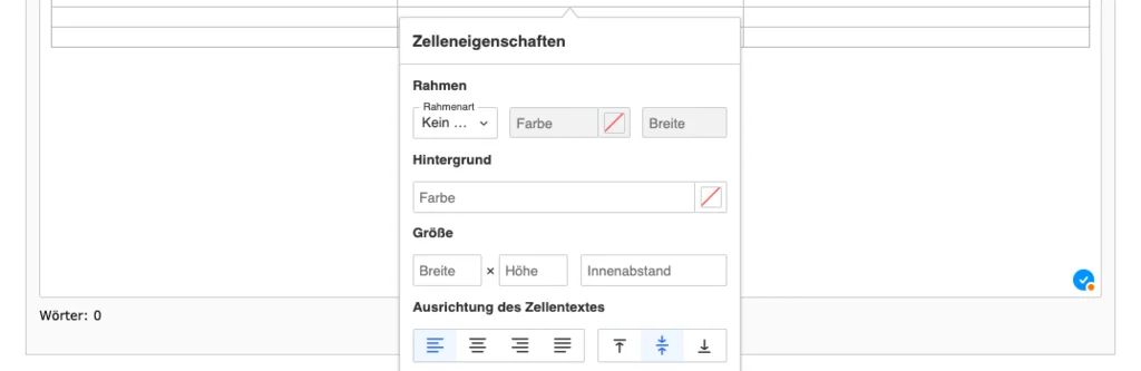 TYPO3 CKEditor Rich Text Editor Cell properties