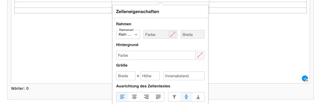 TYPO3 CKEditor Rich Text Editor Zelleneigenschaften