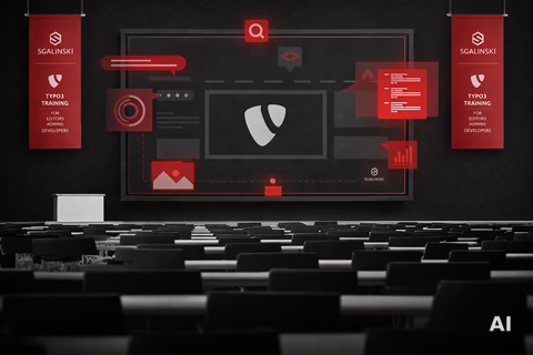 Empty auditorium with rows of seats facing a large digital screen displaying TYPO3 UI elements and red training banners.