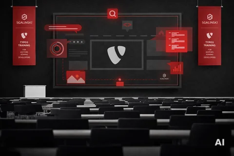Empty auditorium with rows of seats facing a large digital screen displaying TYPO3 UI elements and red training banners.