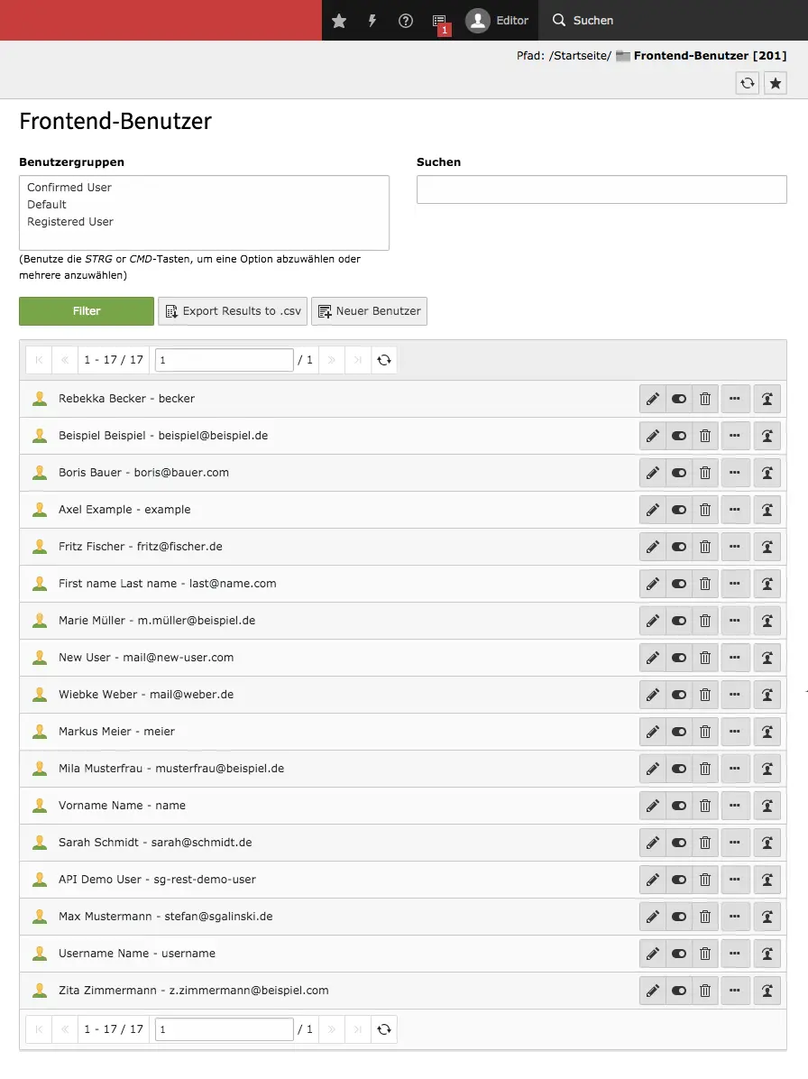 TYPO3 Backend Modul Frontend-Benutzer Account-Liste Übersicht