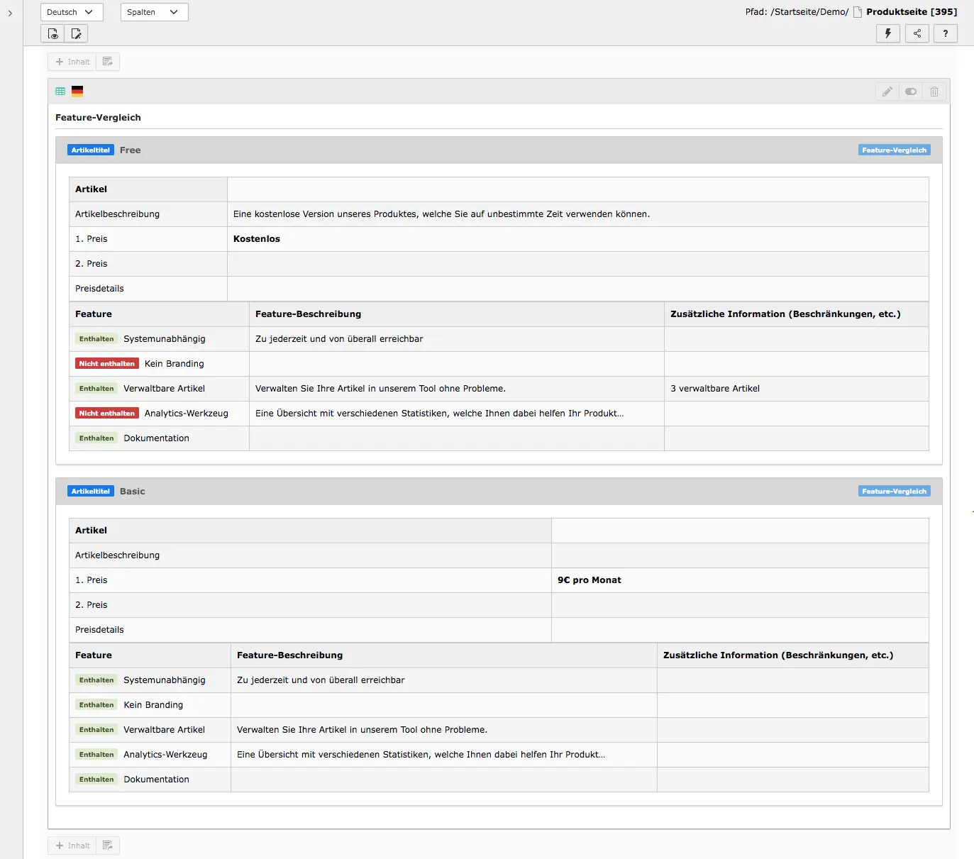 TYPO3 Backend Inhaltselement Mask Element Feature-Vergleich im Inhaltsbereich