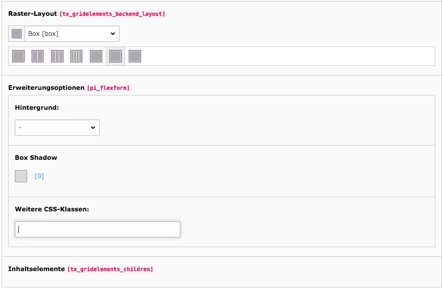 TYPO3 Inhaltselement Grid-Element Box Backend Reiter Allgemein