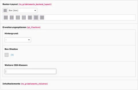 TYPO3 Inhaltselement Grid-Element Box Backend Reiter Allgemein