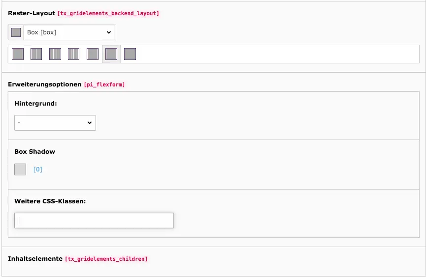 TYPO3 Inhaltselement Grid-Element Box Backend Reiter Allgemein