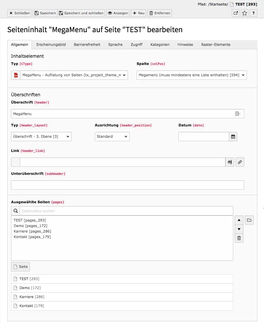 TYPO3 MegaMenu Auflistung von Seiten Backend Reiter Allgemein 