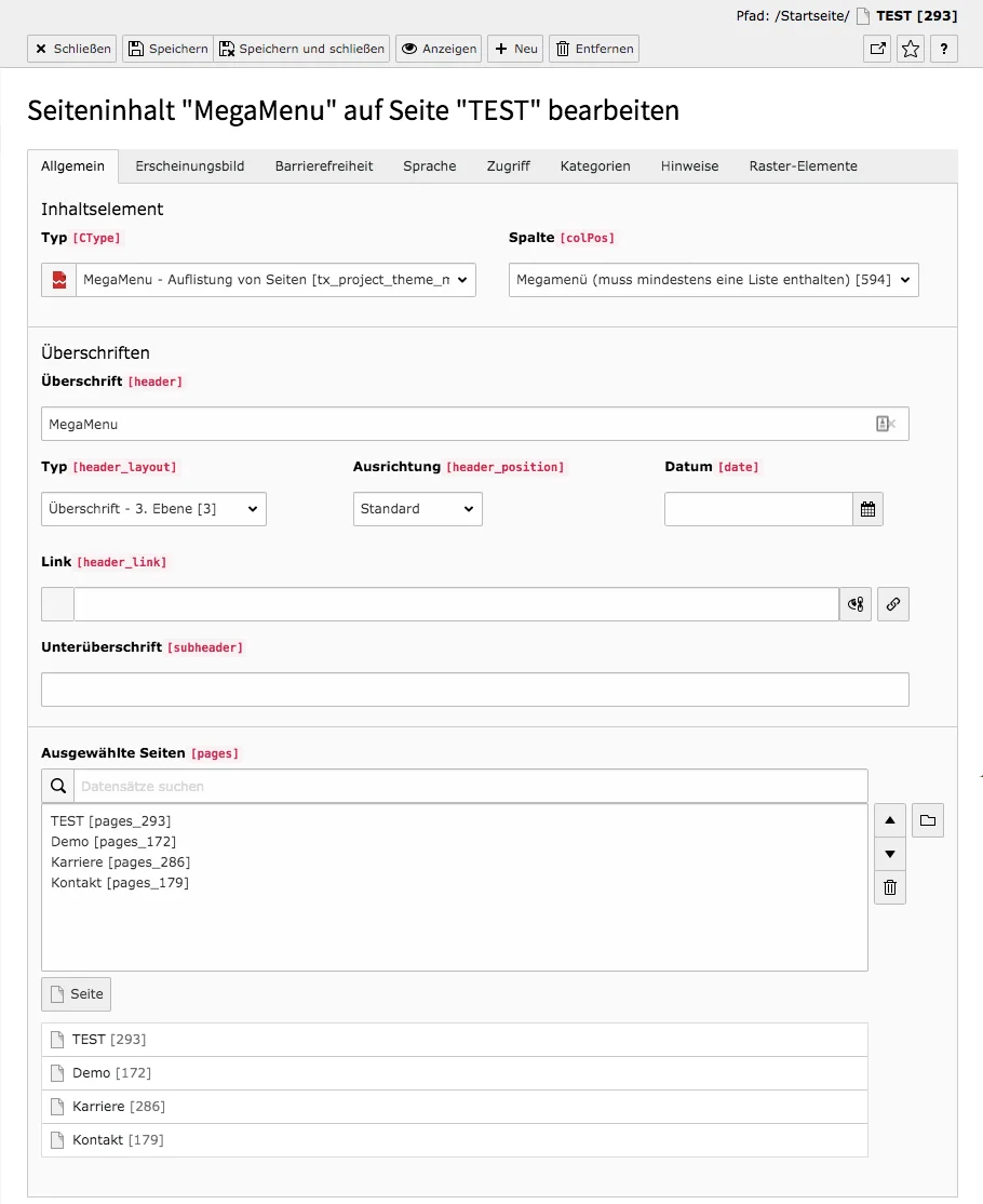 TYPO3 MegaMenu Auflistung von Seiten Backend Reiter Allgemein 