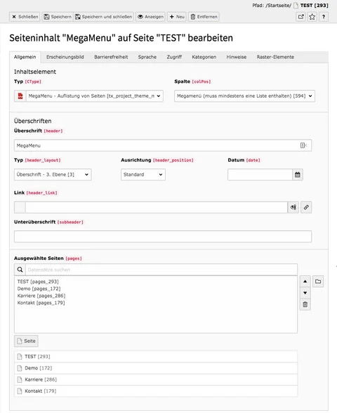 TYPO3 MegaMenu Auflistung von Seiten Backend Reiter Allgemein