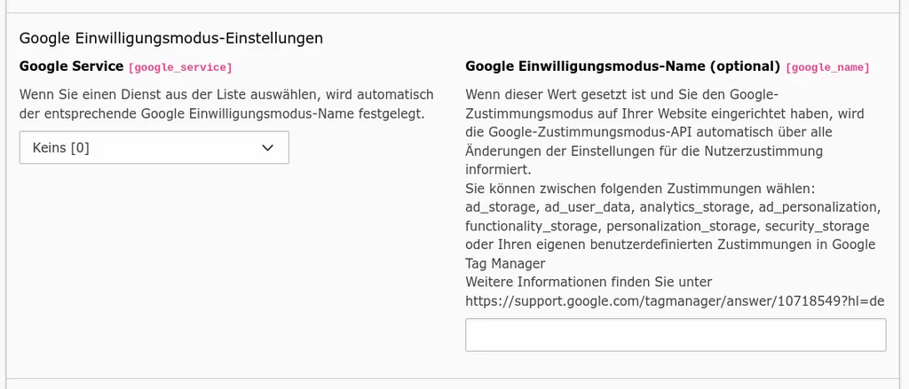 Google Einwilligungsmodus-Einstellungen