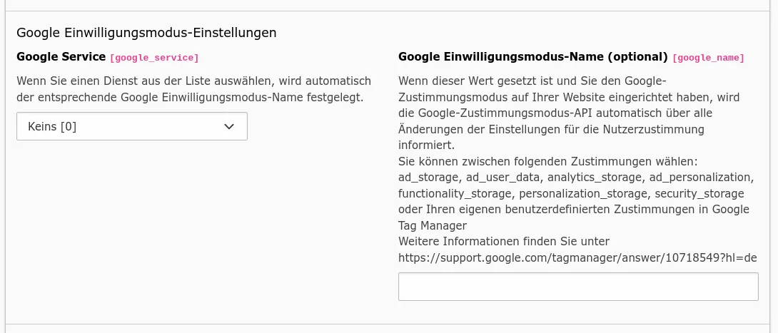 Google Einwilligungsmodus-Einstellungen