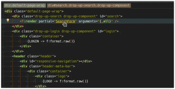 Mit Strg + Klick kann blitzschnell zu der Codezeile gesprungen werden die das ausgewählte Element definiert. Auch über Dateigrenzen hinweg.