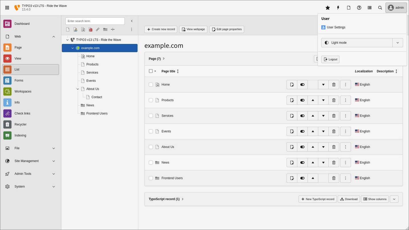 TYPO3 Backend im Light Mode