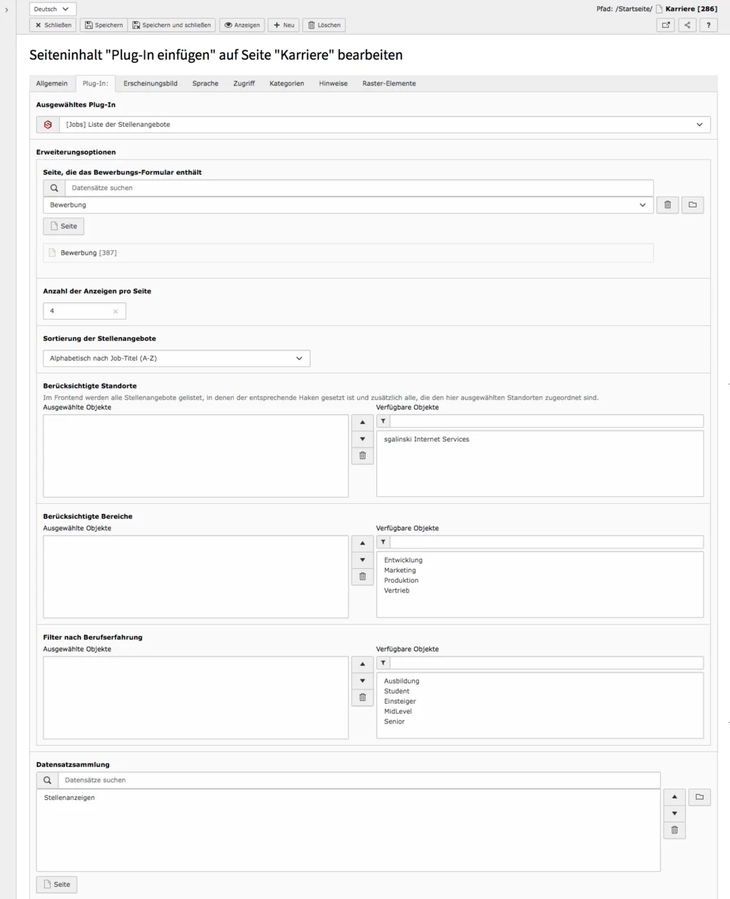 TYPO3 Inhaltselement Liste der Stellenangebote Reiter Plug-In