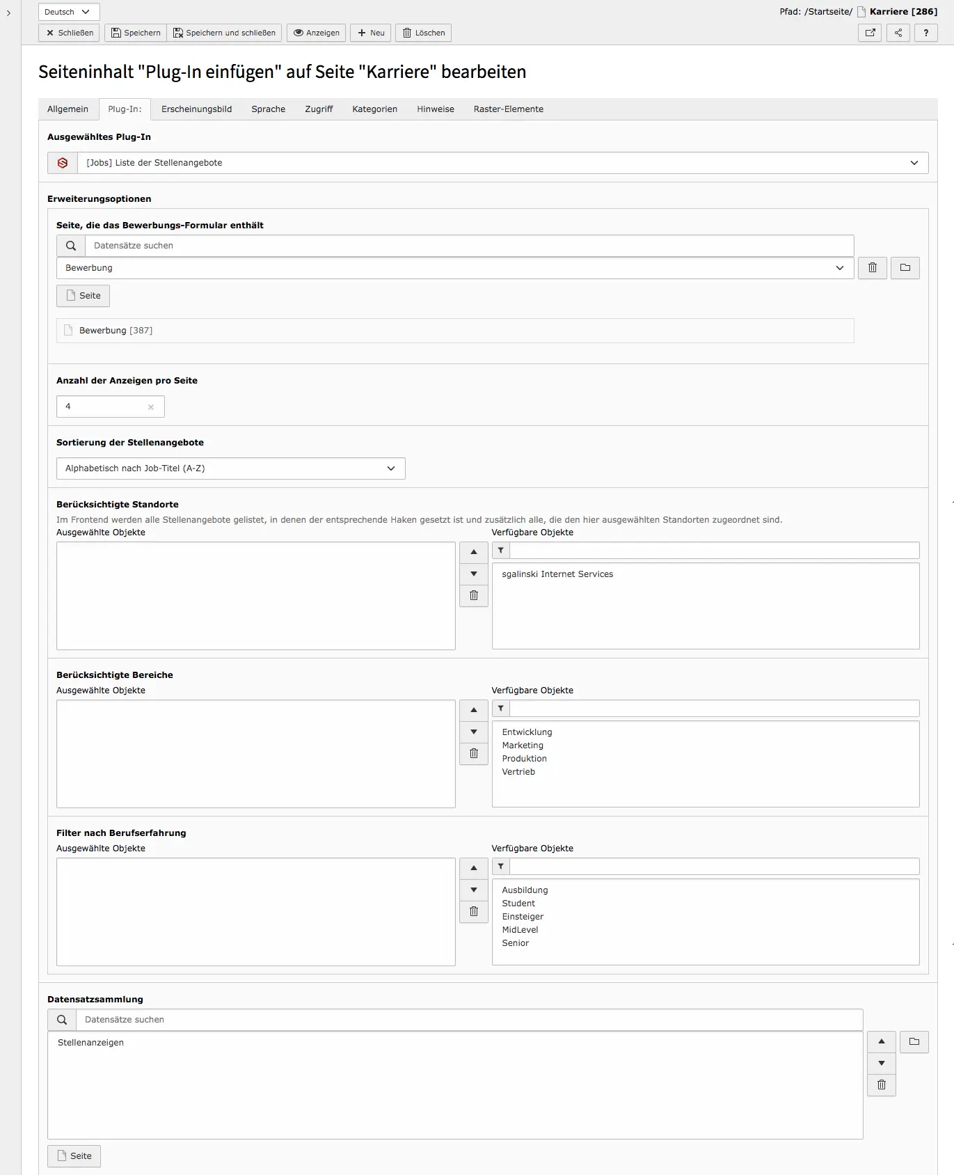 TYPO3 Inhaltselement Liste der Stellenangebote Reiter Plug-In