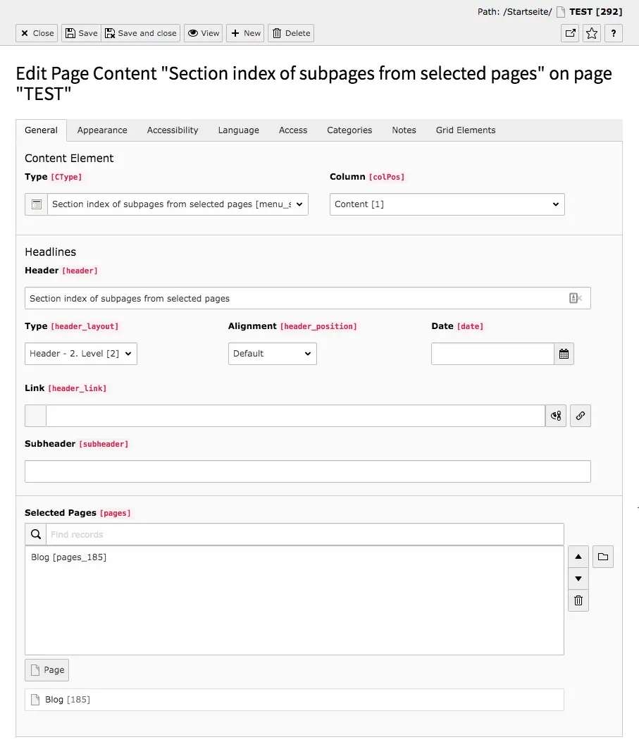 TYPO3 Content Element Menu Section index of subpages from selected pages Backend Tab General