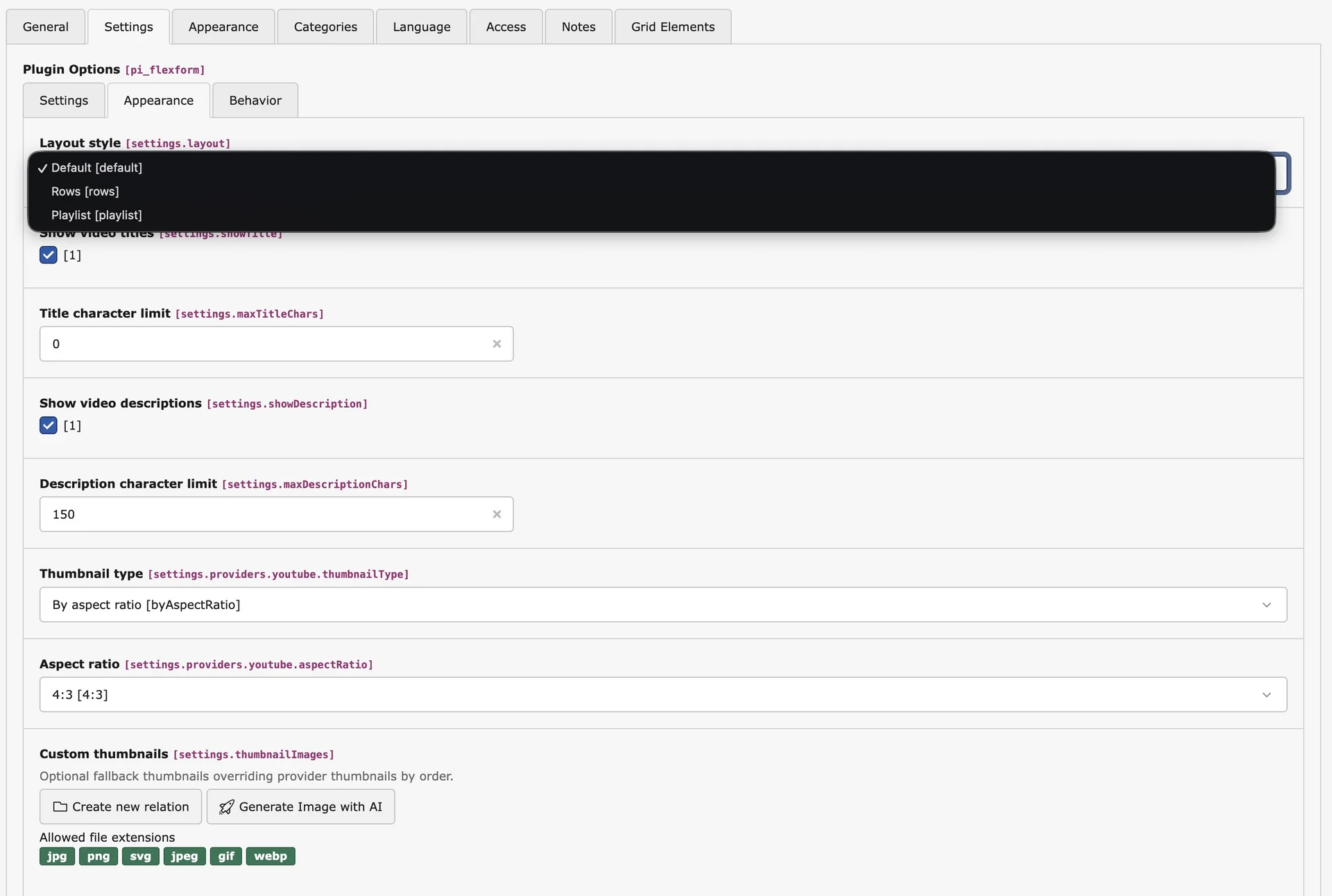 TYPO3 Video Extension: Configuration Options for YouTube, Vimeo, and Local Videos