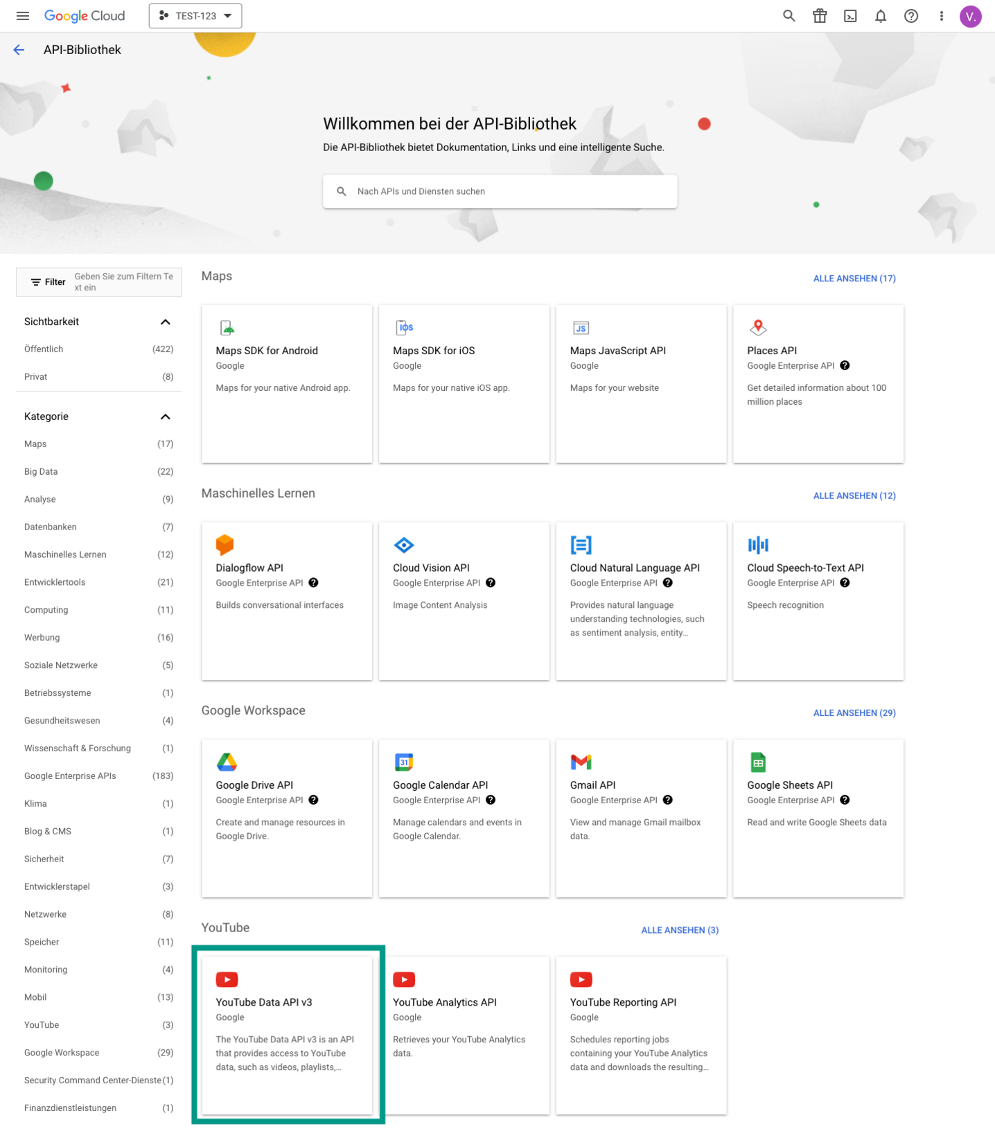 Google Cloud Console – API Bibliothek