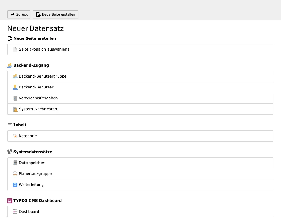 TYPO3 Backend Modul Liste Datensatz hinzufügen Root-Seite