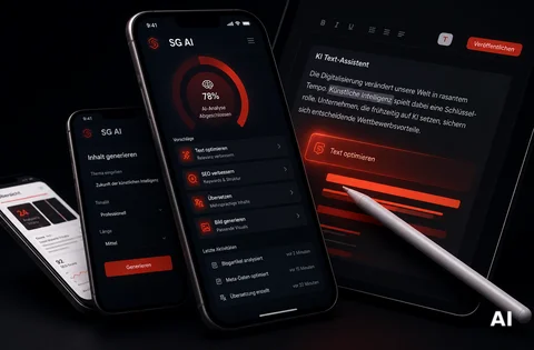Zwei Smartphones und Tablet mit SG AI KI-App: Textgenerierung, SEO-Optimierung, Analyse (78%) in rot-schwarzem Design.