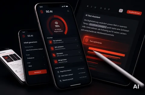 Zwei Smartphones und Tablet mit SG AI KI-App: Textgenerierung, SEO-Optimierung, Analyse (78%) in rot-schwarzem Design.