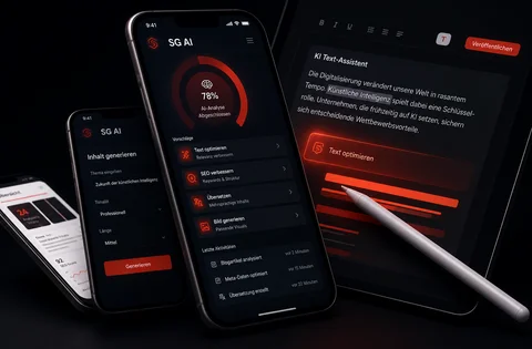 Mockup of SG AI app on two smartphones and tablet: AI text tools, 78% analysis, SEO/content features, red accents, stylus on tablet.