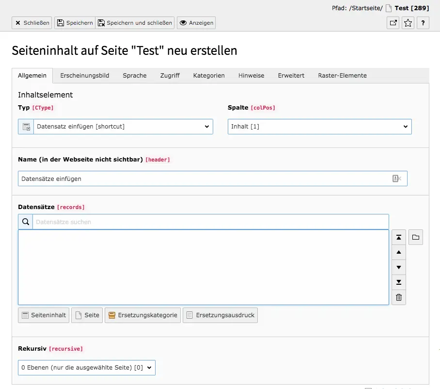 TYPO3 Besondere Inhaltselemente Datensätze einfügen Reiter Allgemein