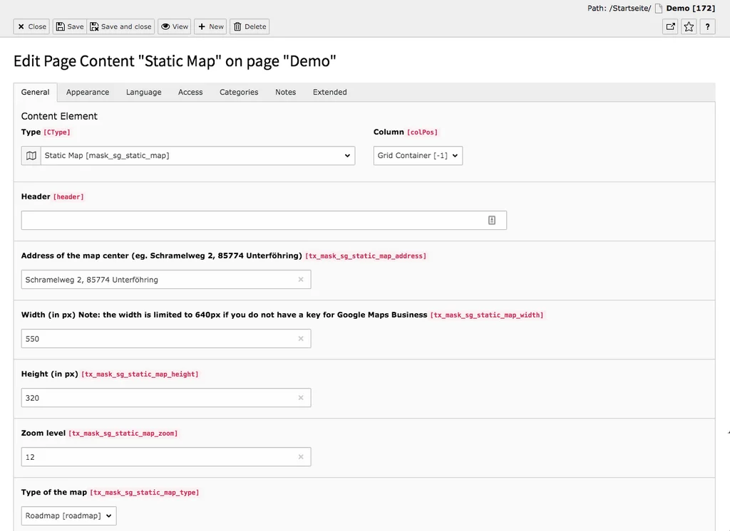 TYPO3 Content Element Mask Element Static Map Backend Tab General