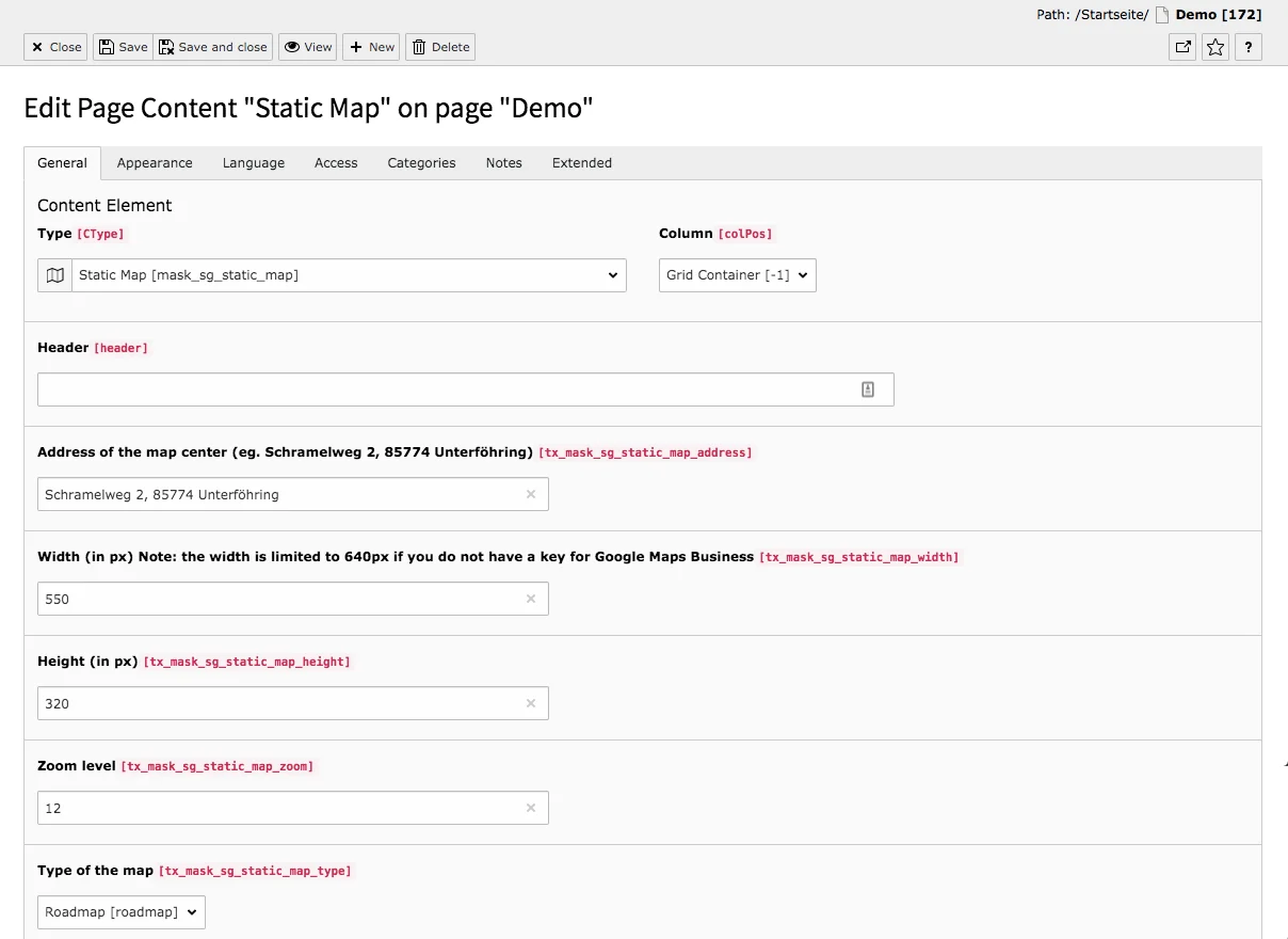 TYPO3 Content Element Mask Element Static Map Backend Tab General