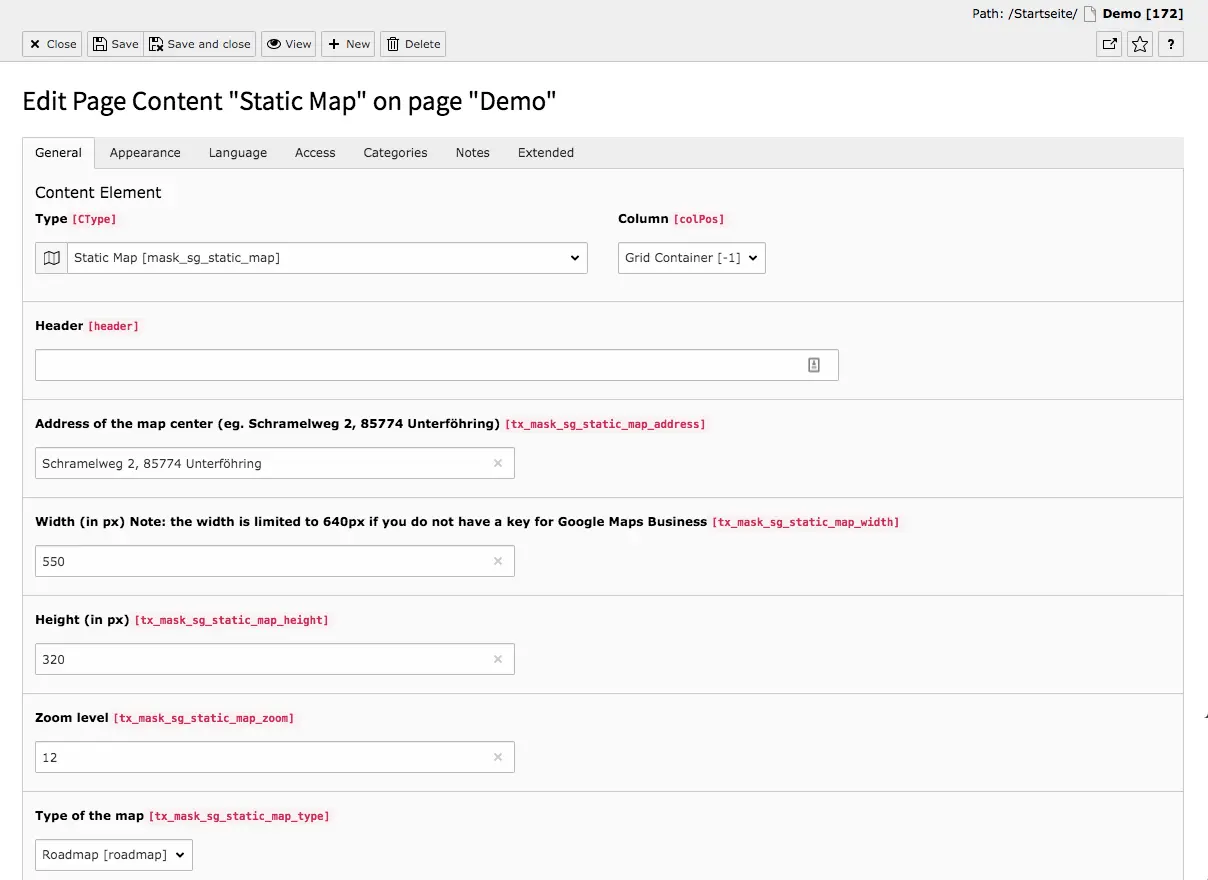 TYPO3 Content Element Mask Element Static Map Backend Tab General