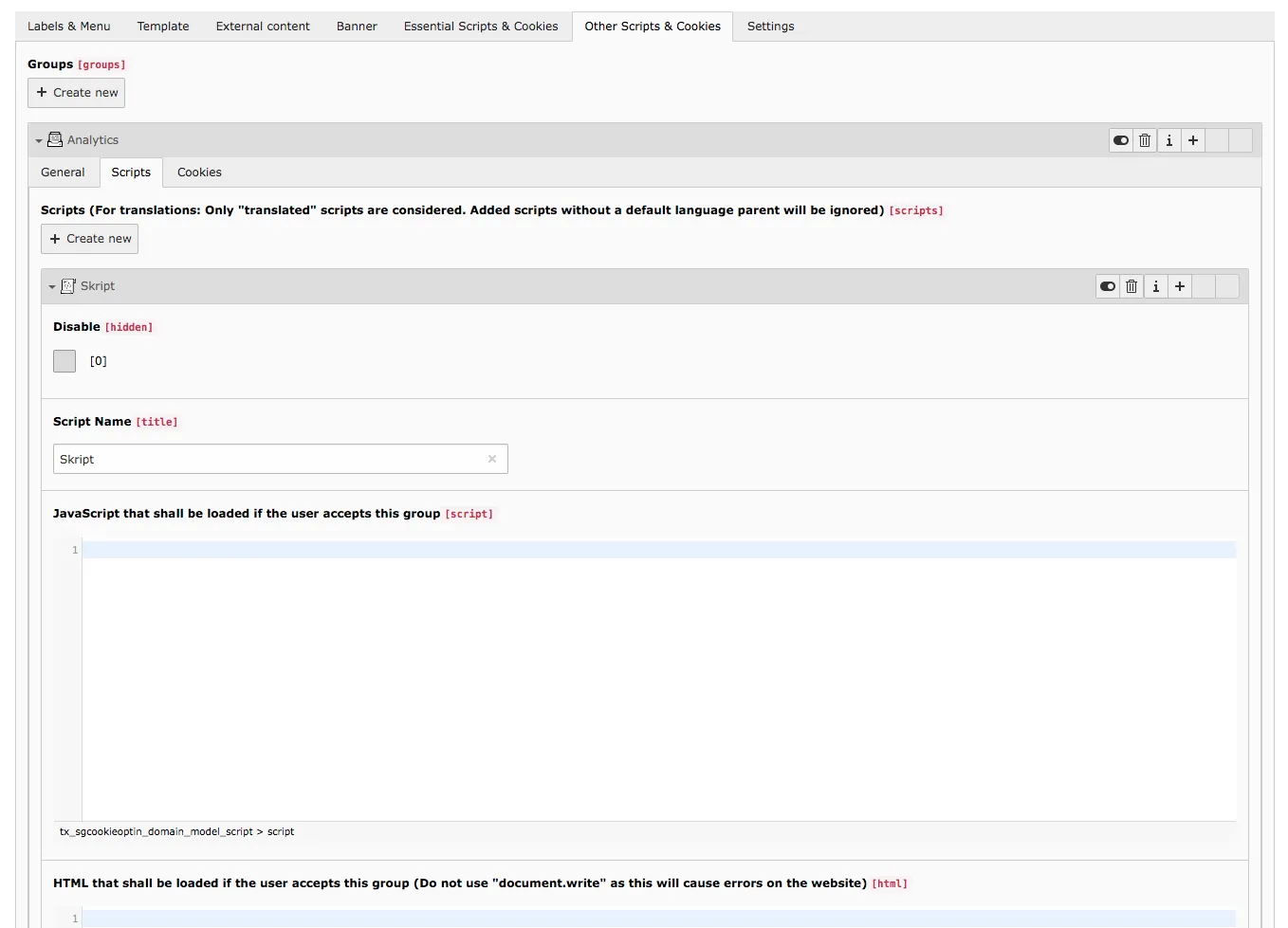 Cookie Consent TYPO3 Tab Other Script & Cookie Groups Scripts