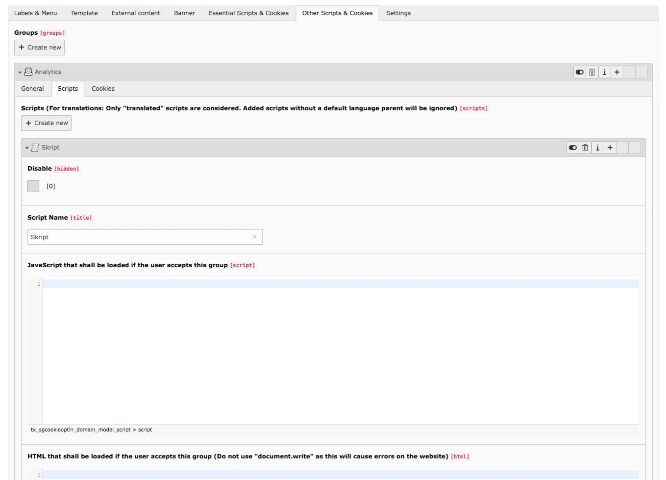 Cookie Consent TYPO3 Tab Other Script & Cookie Groups Scripts