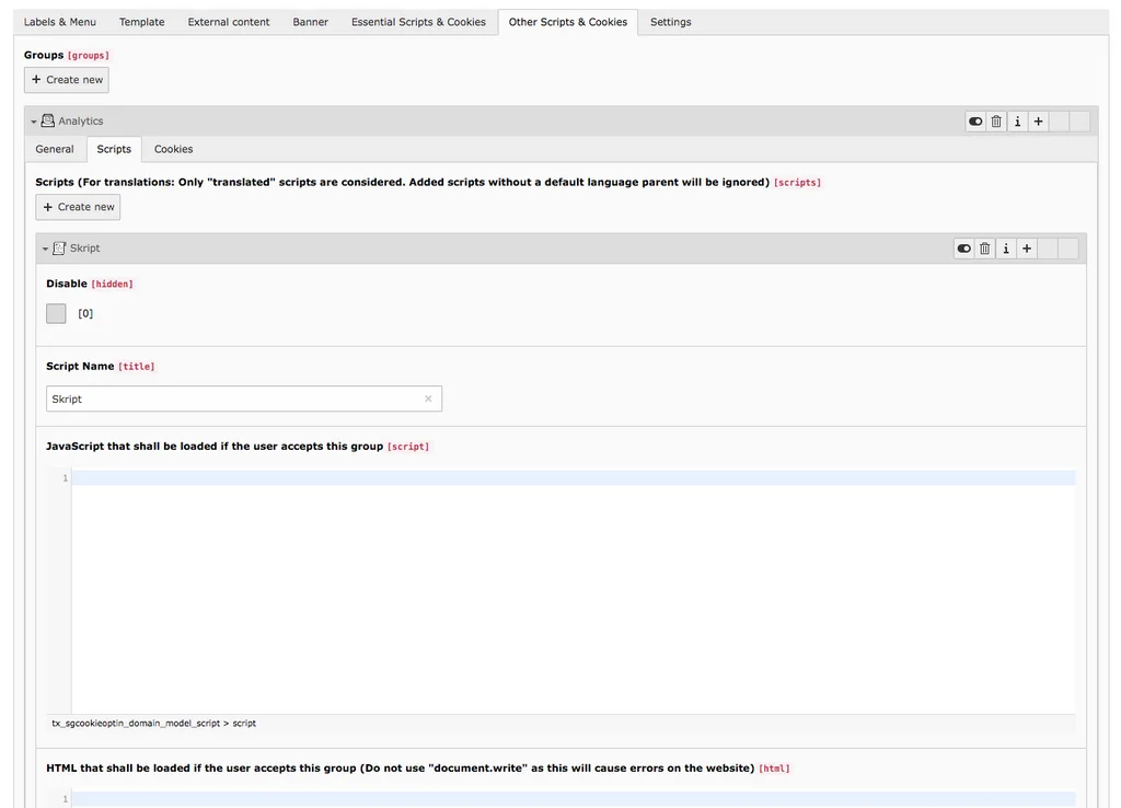 Cookie Consent TYPO3 Tab Other Script & Cookie Groups Scripts